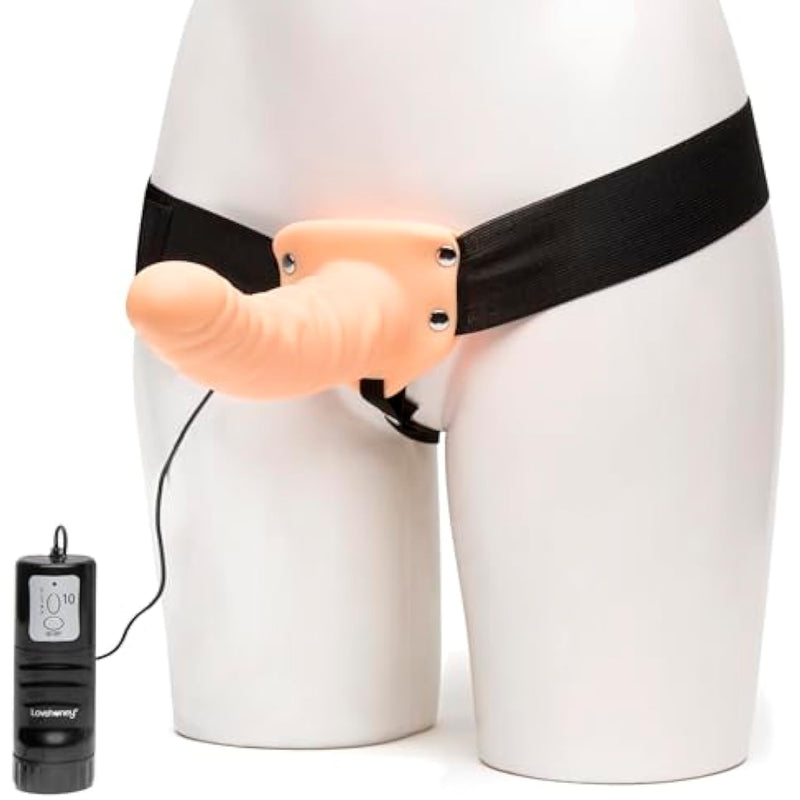 Perfect Partner Vibrating Strap On Dildo - 8 Inch Realistic Strap On For Pegging - Thick Elastic Waistband Holds Wired Remote Control - 3 Speeds & 7 Vibration Patterns - Flesh Pink