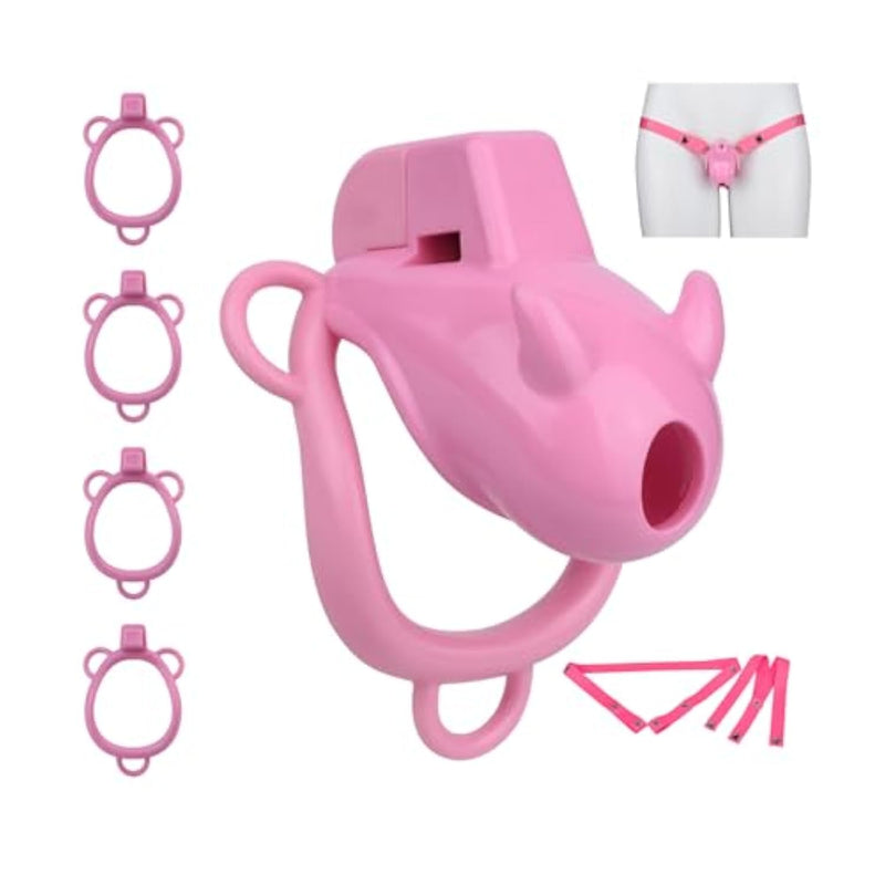 Sissy Chastity Cage Sex Toys Male Chastity Device With Silicone Catheter And Belt Curved Penis Cage With 4 Different Ring Sizes Chasity Cage With Concealed Lock For Men'S Penis Bondage (A+Blet,Pink)