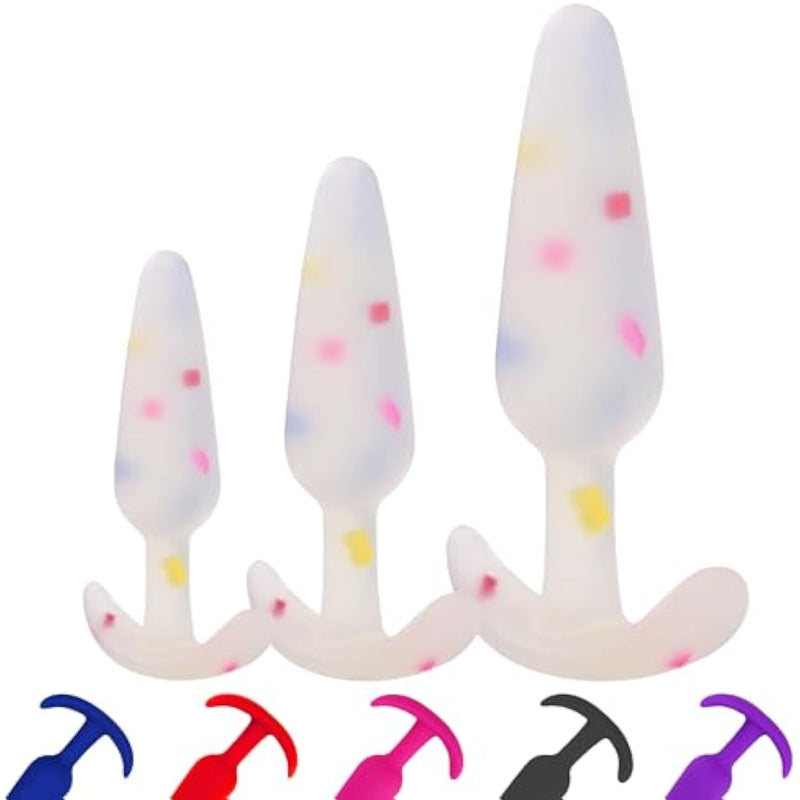 Anal Butt Plug Training Kit – 3 Sizes (Small, Medium, Large), Silicone, Waterproof, Flexible & Body-Safe, Beginner To Advanced Butt Plug Trainer Set (Confetti)