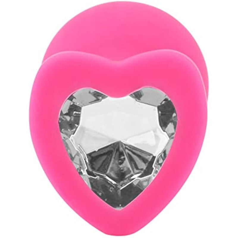 Heart Shaped Anal Plug - Hypoallergenic Nonporous Silicone - Removable Jewel - Smooth & Tapered Shape - Flared Base - Glamorous Gem - Pink Color Clear Jewel - Small
