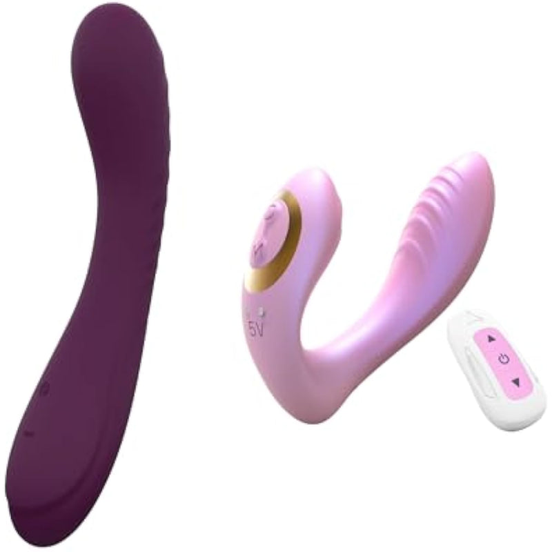 Vibrator Bundle - Og Dual Vibe Pink & Full Silicone G Spot Vibrator Purple, Adult Sex Toys, Body-Safe Silicone, Rechargable, Waterproof