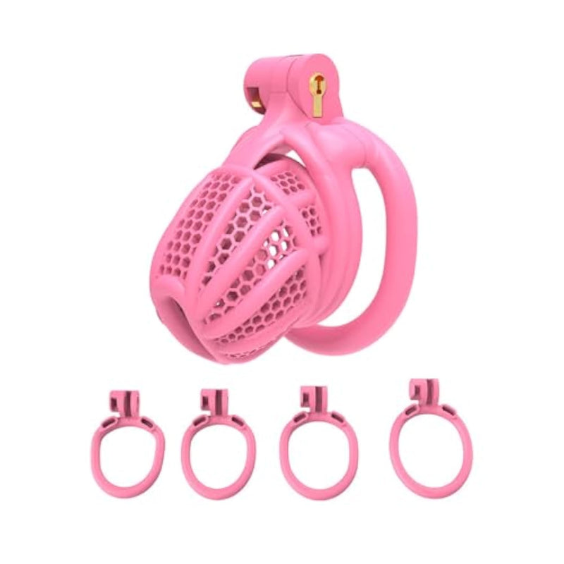 Pink Chastity Cage Cock Cage With 4 Different Sized Penis Rings Honeycomb Ventilated And Breathable Chasity Cage Male Bondage Chasity Device Adult Sex Toys (Flat Ring)