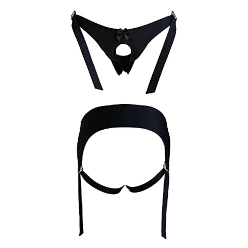 Candymishka Strap On Harness, Vegan Cotton Pegging Panties Black Velcro Mid Rise Saddle
