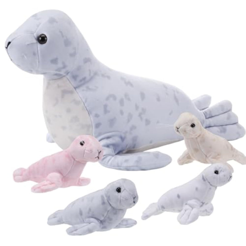 5 Pcs Seals Plush Set 18" Large Seals Pillow With 4 Cute Babies Stuffed Animal In Zippered Belly Nurturing Plushes Toy Gift For Kids Adults Birthday Christmas Holiday Part