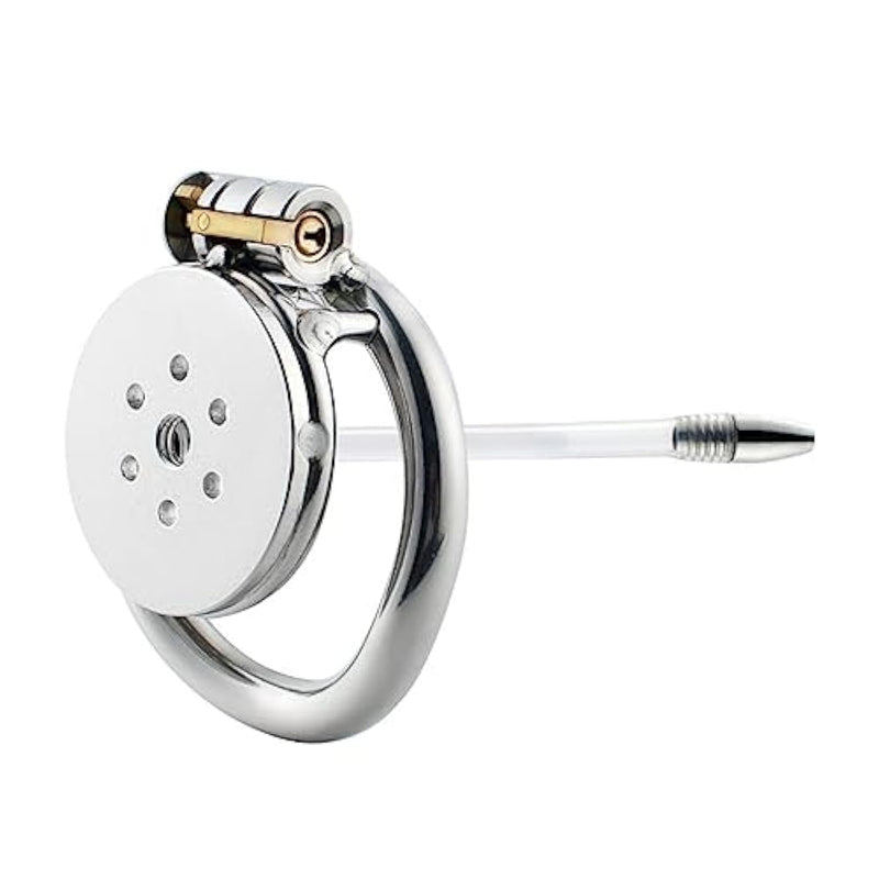 Hollow Chastity Cage Flat Chastity Cage With Silicone Catheter Male Chastity Cage Male Penis Cage Restraint Cage Male Sex Toy Chastity Lock Male Chastity Device S Cage & 40Mm Curved Ring