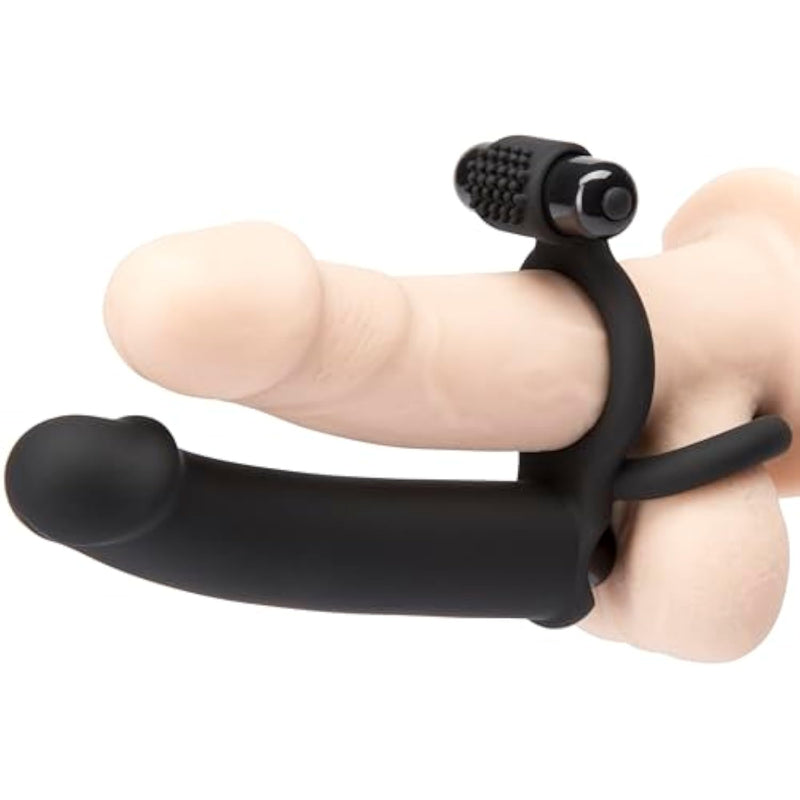 Double Fun Vibrating Double Penetration Strap On Dildo - 5.5 Inch Silicone Strap On Dildo For Men - 2 Bullet Vibrators & Cock And Ball Rings - Waterproof - Black