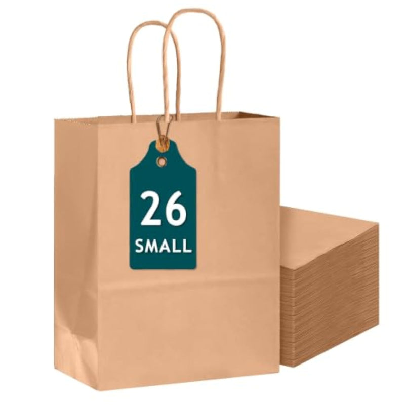 26 Pack Small Brown Kraft Gift Bags with Handles, 8.3 x 6 x 3.15 Inch