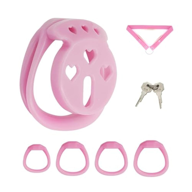 Flat Chastity Cage Made Of Abs Cock Cage With Belt And 4 Different Rings Male Sex Toys Chastity Device With Concealed Lock For Men'S Penis Restraints Breathable And Lightweight (C,Pink)