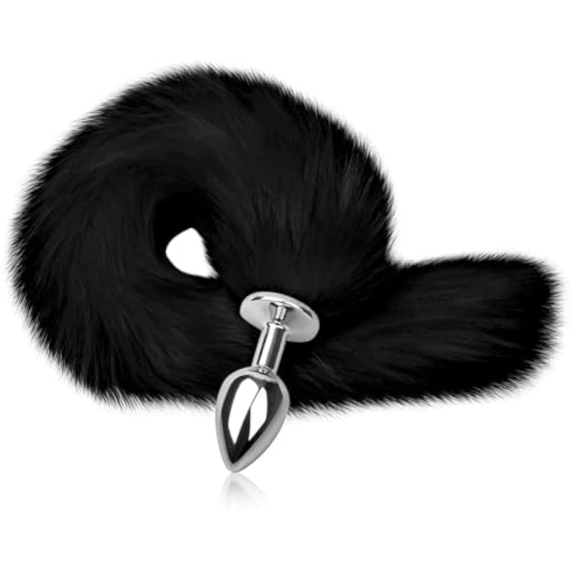 Anal Plug With Black Fox Tail, Artificial Fox Tail Butt Plug, Silicone Anal Stimulator Anal Trainer For Couples, Cosplay, Role Play, Party Nights (M)