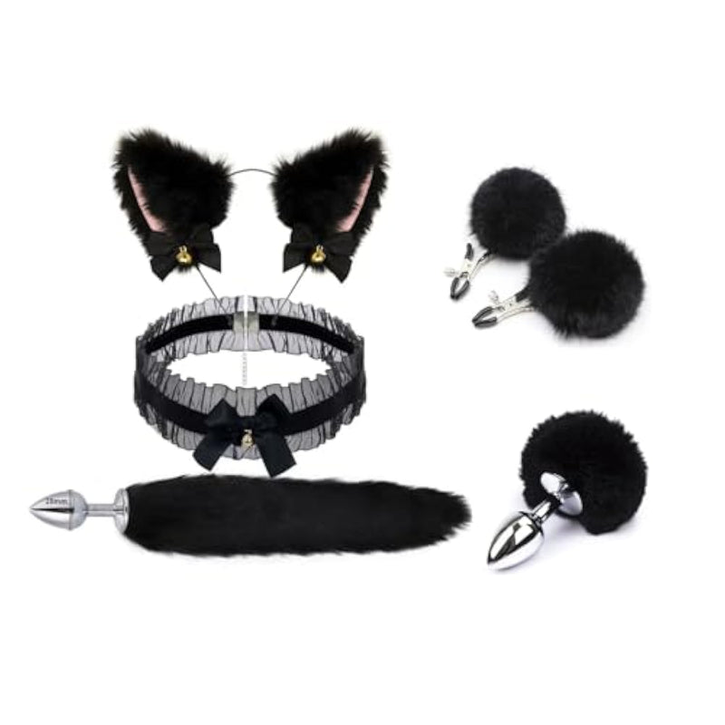 Anal Butt Plug Tail Set With Tail Set, Fox Cat Tail Butt Plug Cat Ears Headband Nipple Clamps Sex Chokers For Woman Bdsm Choker Sex Toy For Couple Woman (Black)