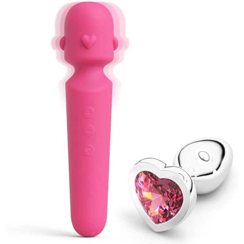 Pleasure Bundle By - Adult Sex Toy Wand With 12 Powerful Modes, 5 Speeds - Rechargeable Silicone Clitoral Vibrator Bedroom Stimulator With Beginner 4 Piece Set Jewel Butt Plug For Women & Men