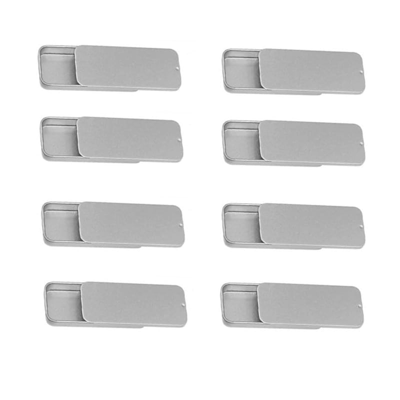 Set Of 8 Silver Metal Rectangular Sliding Tin Boxes - Perfect For Storing Small