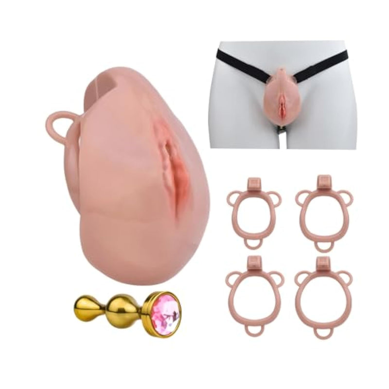 Sissy Toys Cock Cage Male Sex Toy Chastity Cages With 4 Different Sized Rings And Belt Simulated Shaped Chasity Device With Invisible Lock And 2 Keys For Man'S Penis Bondage (Flesh,Anal Plug)