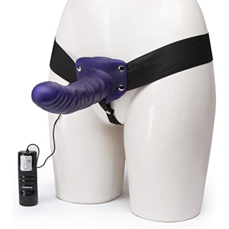 Perfect Partner Vibrating Strap On Dildo - 8 Inch Realistic Strap On For Pegging - Thick Elastic Waistband Holds Wired Remote Control - 3 Speeds & 7 Vibration Patterns - Purple