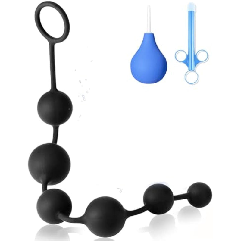 Anal Plug Pull Beads - 100% Silicone, Gradual Size Increase, Safety Pull Ring - Easy To Clean Anal Toys, Anal Beads, Adult Sex Toys Massager With Lubricant Syringe, Enema Balls For Couples And Couples