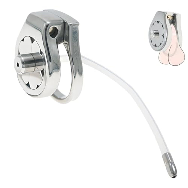 Thickened Flat Chastity Lock With Extra Long Hollow Urethral Catheter Men'S Metal Penis Cage Urethral Sound Bondage Set Chastity Device Sex Toy