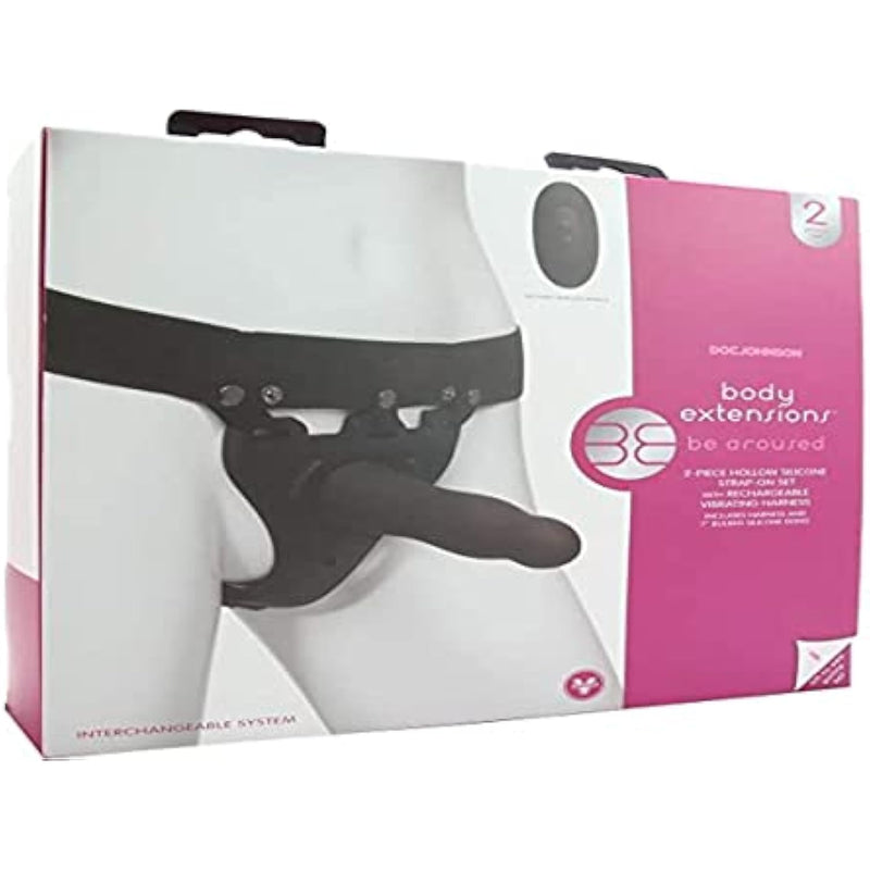 Doc Johnson Body Extensions - BE Aroused - Hollow Strap-On System - Remote Operated Vibrating Silicone Harness with Elastic Waist Band and Bulbed Hollow Dildo