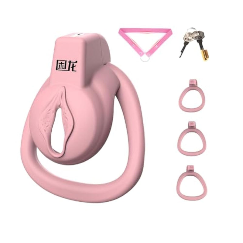 Flat Chastity Cage Male Sex Toys Cock Cage With Belt And 3 Different Rings Sissy Chastity Device With Invisible Lock For Male Bondage Breathable Lightweight Resin Penis Cage (A,Pink)