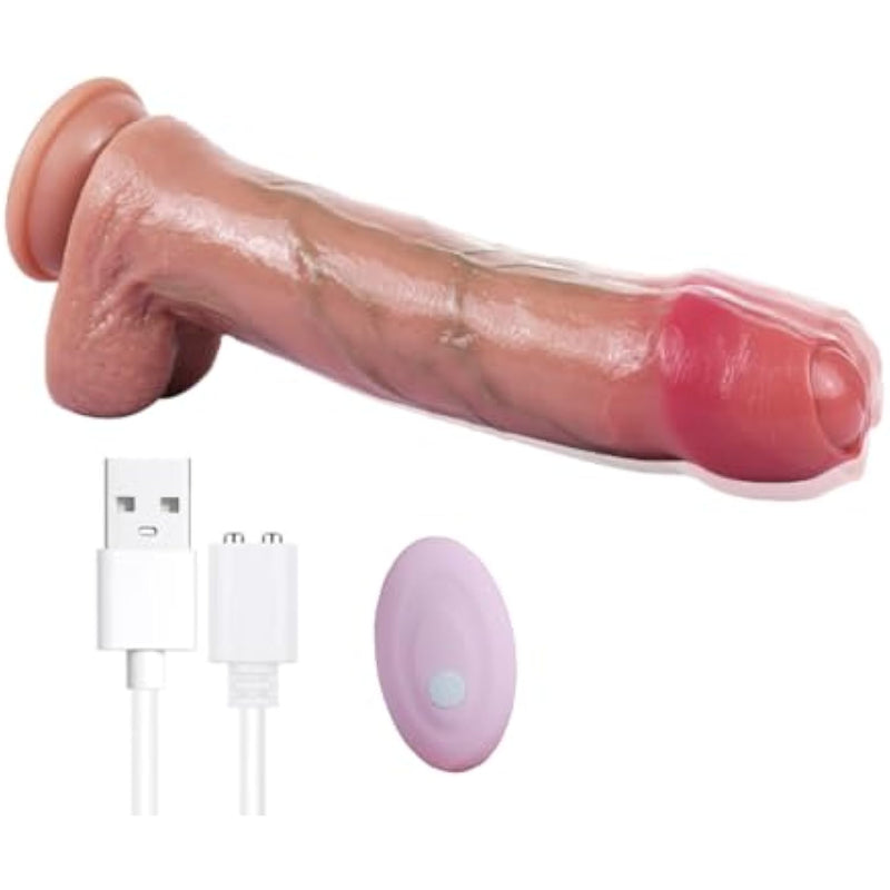 Realistic Prepuce Glans 10 Modes Vibrating 9.1" Long Dildo, Suction Cup G Spot Hands Free Soft Rechargable Dildos,Sex Toy For Women Gay Men Solo Couples For Anal Vagina Pleasure