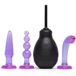 4 Piece Anal Toys Kit - With 3X 4 Inch Butt Plugs & Douche - With Flared Base & Waterproof - Purple
