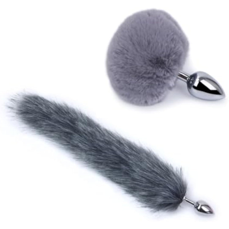 2Pcs Multi-Function Fox Tail Fur Bunny Tail Anal Butt Plug Sex Toys For Couples Adults Cospaly Role Play Stainless Steel Plug (Gray)