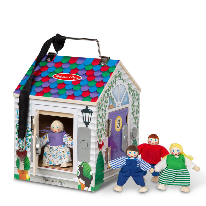 Melissa & Doug Take-Along Wooden Doorbell Dollhouse - Doorbell Sounds, Keys, 4 Poseable Wooden Dolls