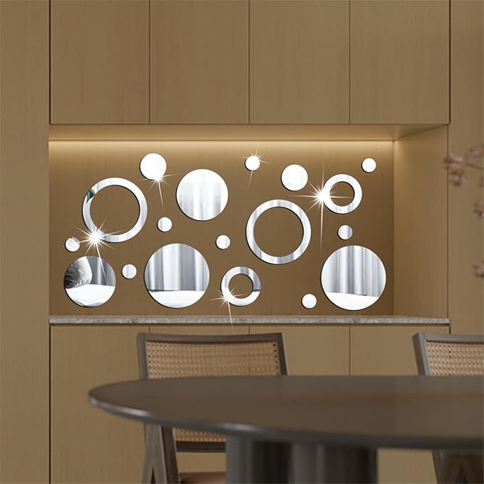 18 Pieces Mirror Wall Stickers Removable Acrylic Adhesive Round Circle Silver Tiles Decals for Home