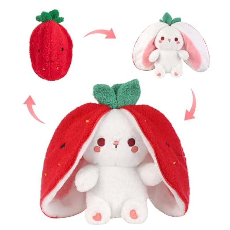 Bunny Stuffed Animal Reversible Cuddle Strawberry Bunny Plush Transformed Rabbit Toy Plush With Zipper Easter Bunny Plushies Gifts For Baby Boys Girls-10Inch