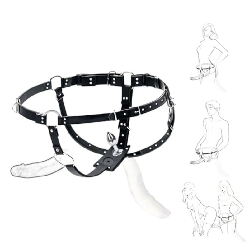 Bdsm Strapon Dildo Harness With Butt Plug – Double Penetration Adjustable Black Leather Dildo Belt For Couples – Fetish Strap Toy For Dominance & Submission Play (32"+Waist)