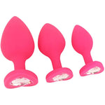 Anal Sex Trainer 3Pcs Kit Heart Silicone Jeweled Butt Plugs (Pink)