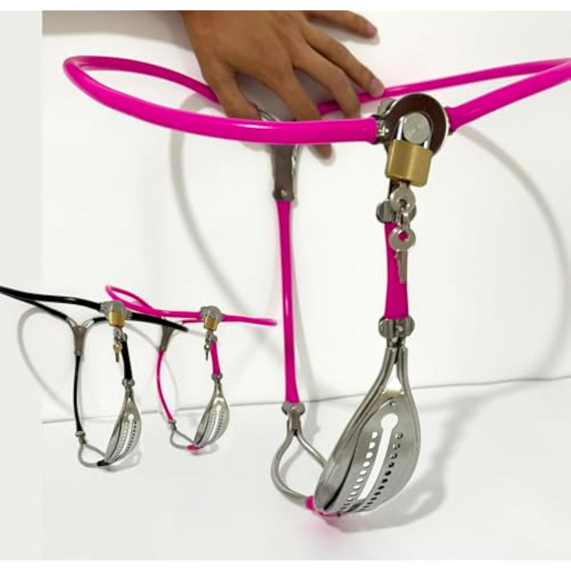 Female Stainless Steel Adjustable Chastity Belt Invisible Panties Device Lockable Underwear Bondage Briefs Bondage Devices Bdsm Adult Sex Toys (Pink, 90-110Cm)