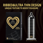 Ribbed Condoms for Men, Medium, Thin Natural Latex, 12 Count