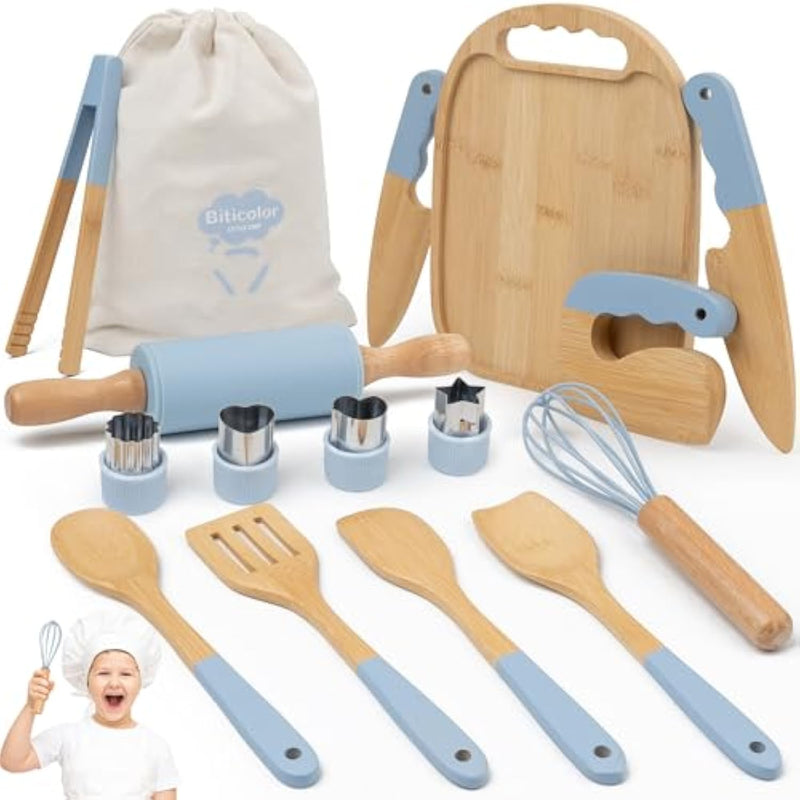 Wooden Kids Cooking Set Montessori Kit - Real Toddler Kitchen Tools & Baking Utensils - 15Pcs Cooking Kit For Kids With Storage Bag, Great Gift For Pretend Play & Montessori Learning (Blue)