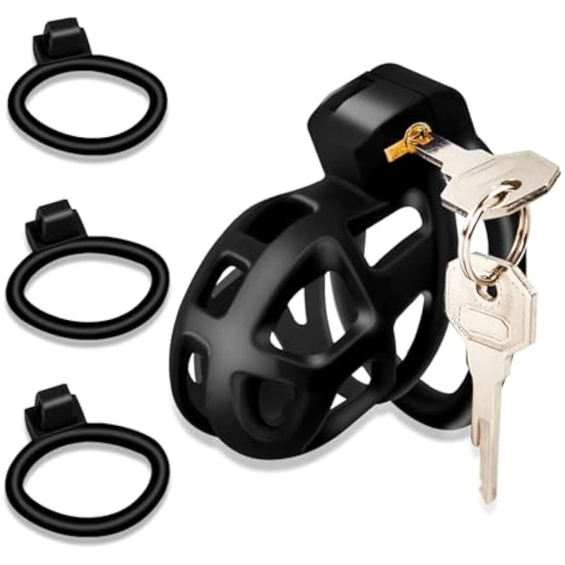 Male Chastity Device Cock Cage - Resin+Abs Chastity Cage For Man Penis Exercise 3D Printed Black Bondage Gear Lightweight Adult Sex Toy With 3 Sizes Rings Invisible Lock And Key
