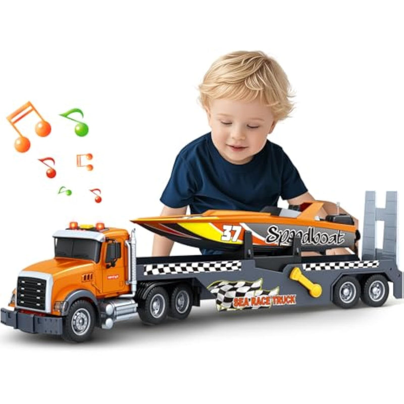 3 4 5 6 Boy Toys, Extra Large Truck Toy With Sounds & Lights, 21" Semi Truck Toy Flatbed Transport Boat Vehicle?2 In 1 Kids Boy Toddlers Age 3 4 5 6 7 Birthday Gifts