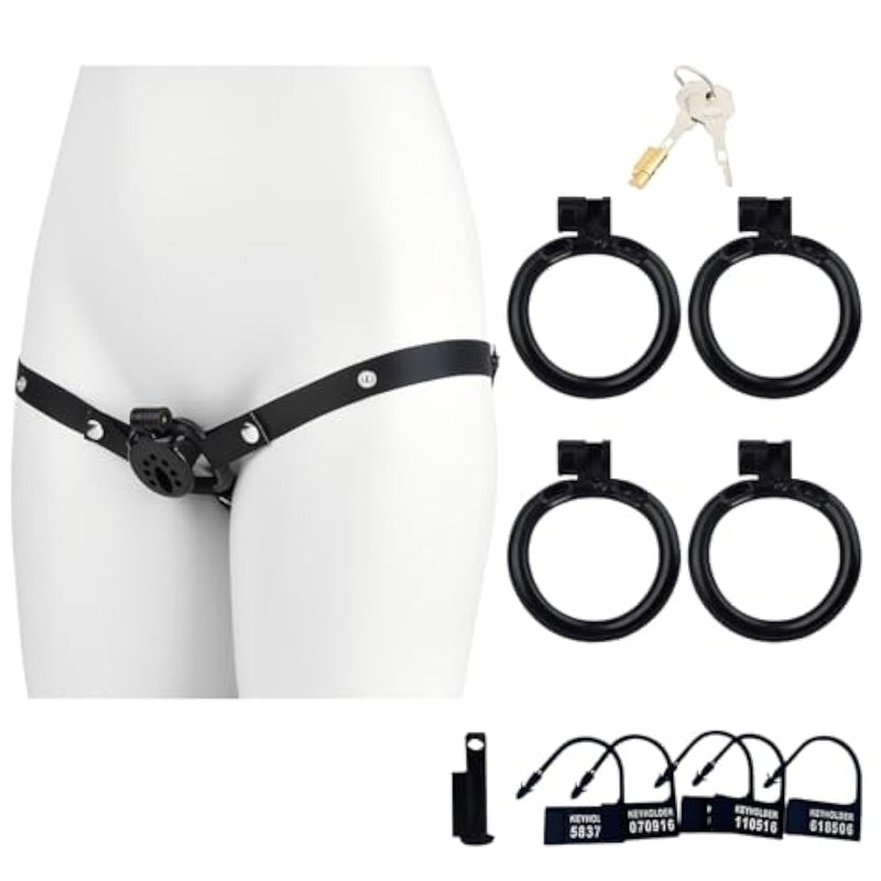 Inverted Cock Cage With 4 Circular Arc Rings And Chastity Belt, One-Piece Urine Tub Chastity Cage With Ventilation Holes Sm Extreme Bondage Sex Toy For Men (Black+Belt)