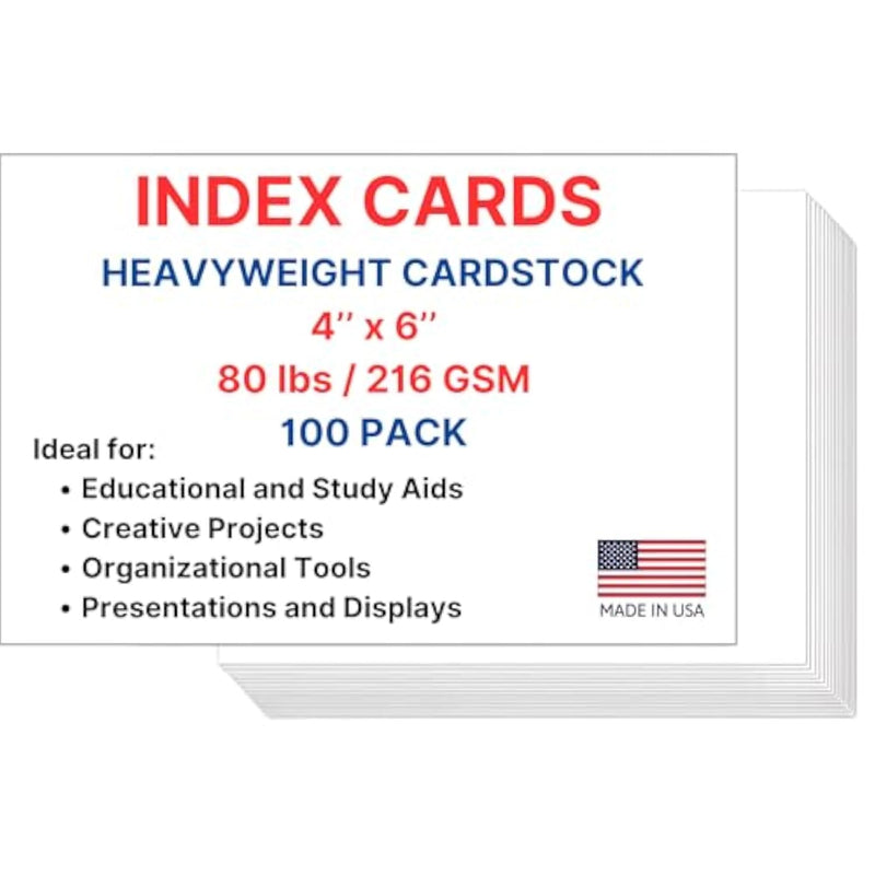 4 x 6 Blank Index Cards, White, 100 Count, Durable Cardstock for Notes & Study