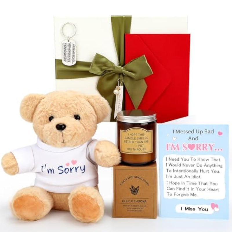 5 Pcs I'M Sorry Gifts Set With Big Box Include I'M Sorry Plush Bear Gifts Candle Apology Card Keychain Apology Presents For Her Men Mom Wife Girlfriend Dad Husband Boyfriend