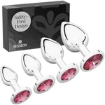 Jewel Butt Plug Beginner 4 Piece Set - Extra Small, Small, Medium, Large - Wide Base Prevents Slippage - Metal Anal Sex Adult Toy For Men & Women - Silver & Pink - Circle Shaped Charm