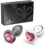 Jewel Butt Plug Beginner 4 Piece Set - Extra Small, Small, Medium, Large - Wide Base Prevents Slippage - Metal Anal Sex Adult Toy For Men & Women - (Gunmatal & Silver With Pink Charm)