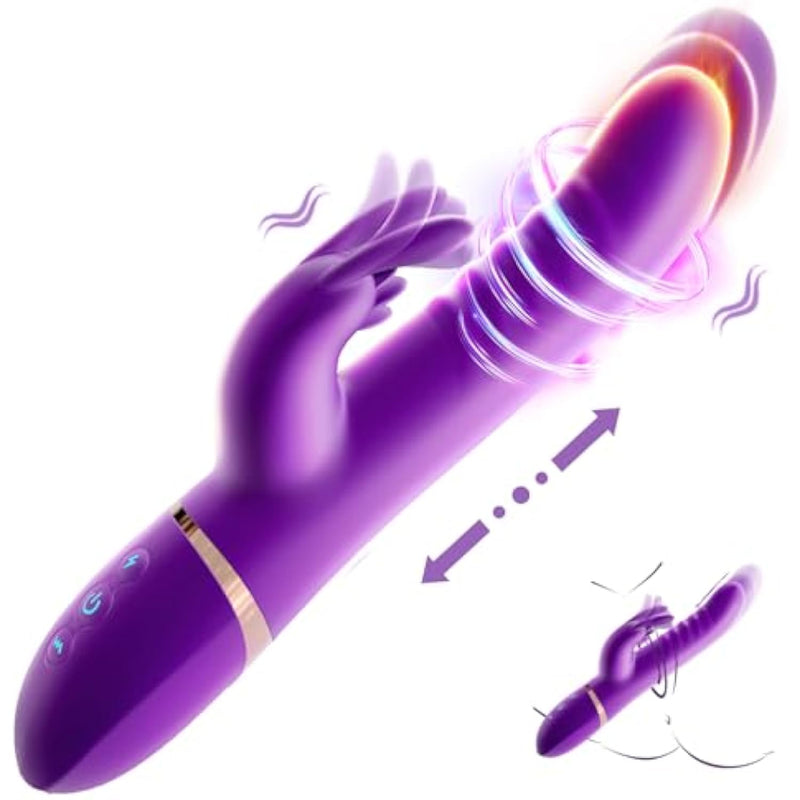 Thrusting Vibrator Dildo Sex Toys For Women - 4 In 1 One Click Burst Rabbit Vibrator With 8 Bunny Flapping 8 Vibrating 3 Thrust Heating Function Clitoral Stimulator G Spot Vibrator Waterproof