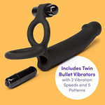 Double Fun Vibrating Double Penetration Strap On Dildo - 5.5 Inch Silicone Strap On Dildo For Men - 2 Bullet Vibrators & Cock And Ball Rings - Waterproof - Black