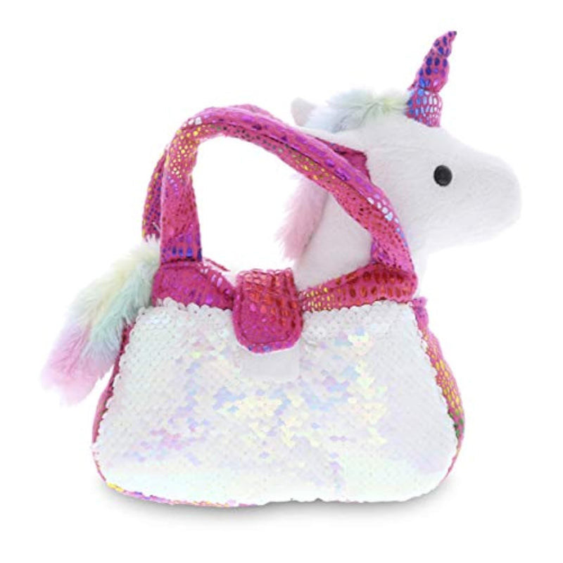 Pink Unicorn Plush Reversible Sequin Pet Carrier Handbag, White Sparkle Soft Stuffed Animal Carrier Toy Purse For Little Girls, Cute Toddler Girl'S Pretend Play 9 Inch