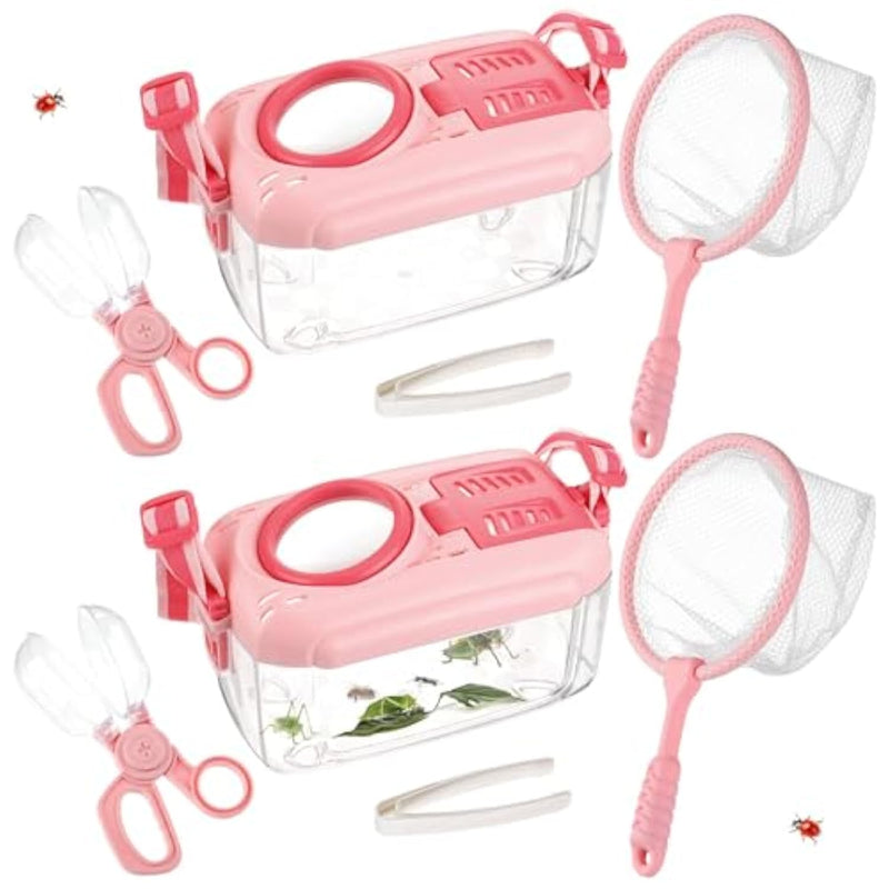 2 Set Bug Catcher For Kids- Educational Bug Catching Kit Including Butterfly Net, Insect Clip, Tweezer, Outdoor Toys For Kids Ages 3-10 (Pink)