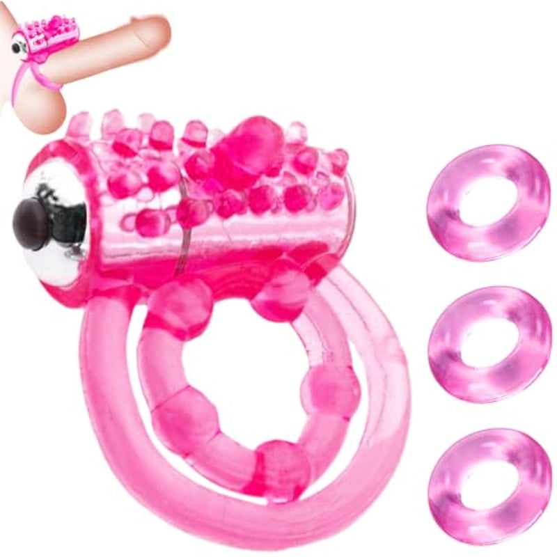 Vibrating Cock Ring With Double Penis Ring Silicone Cockring Vibrator G-Spot Stimulating Clitoral Stimulator Penis Erect Erection Enhance Adult Male Sex Toy Vibrator For Longer Harder Stronger (Pink)