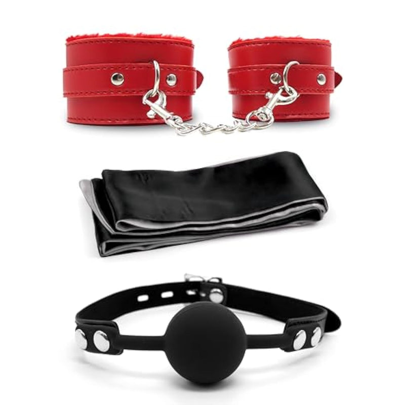 Fuzzy Handcuffs For Grownups, Bdsm Handcuffs, Silicone Mouth Ball Gag With Adjustable Strap, Sex Blindfold For Women, Black 59" - Bondage Restraints