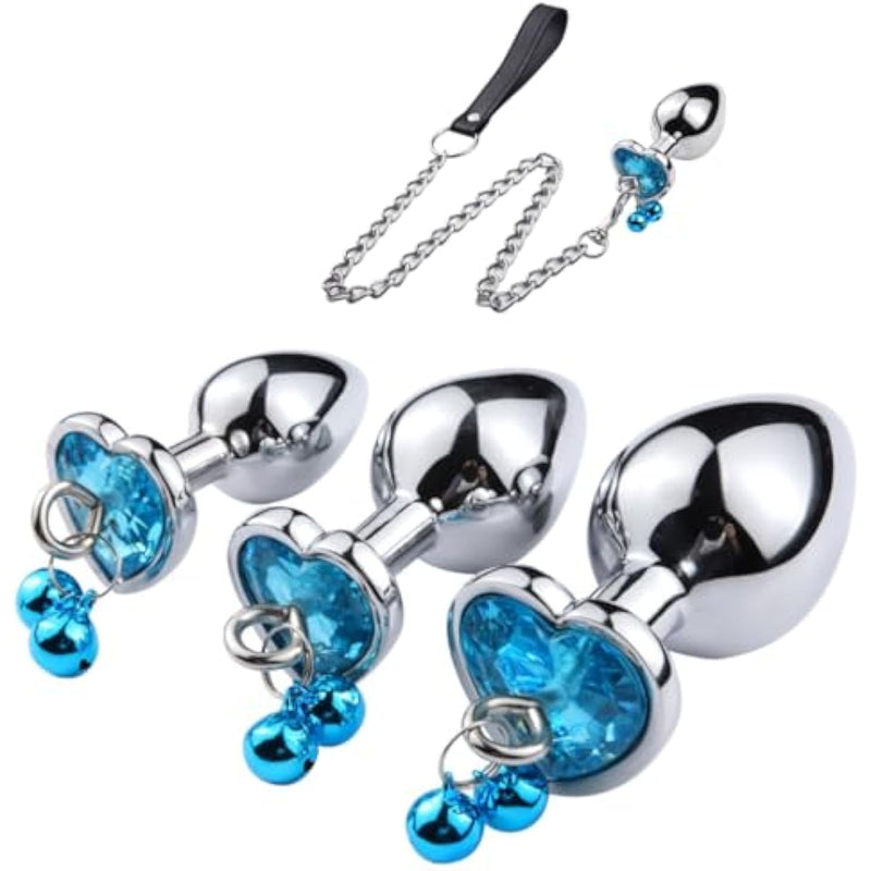 4Pcs Set Luxury Jewelry Design Bell Anal Butt Plugs With Traction Rope Heart Shaped Metal Butt Toys Anal Trainer Butt Plug Kit Sexy Toys For Couples And Adults (Blue)