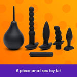 Bumper Booty Anal Toys Kit - 2 Butt Plugs, Anal Beads, Prostate Massager & Douche - Removable Bullet Vibrator Included - Silicone 6 Piece Adult Sex Toy Kit For Couples - Black