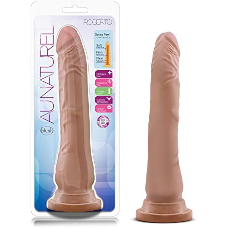 Blush Adult Sex Toys – Au Naturel Roberto – Sensa Feel Dual Density Realistic 9.25 Inch Long Dildo – Flexi Shaft – Suction Cup Base, Strap On Harness Compatible, Waterproof – Women Men Couples – Latin