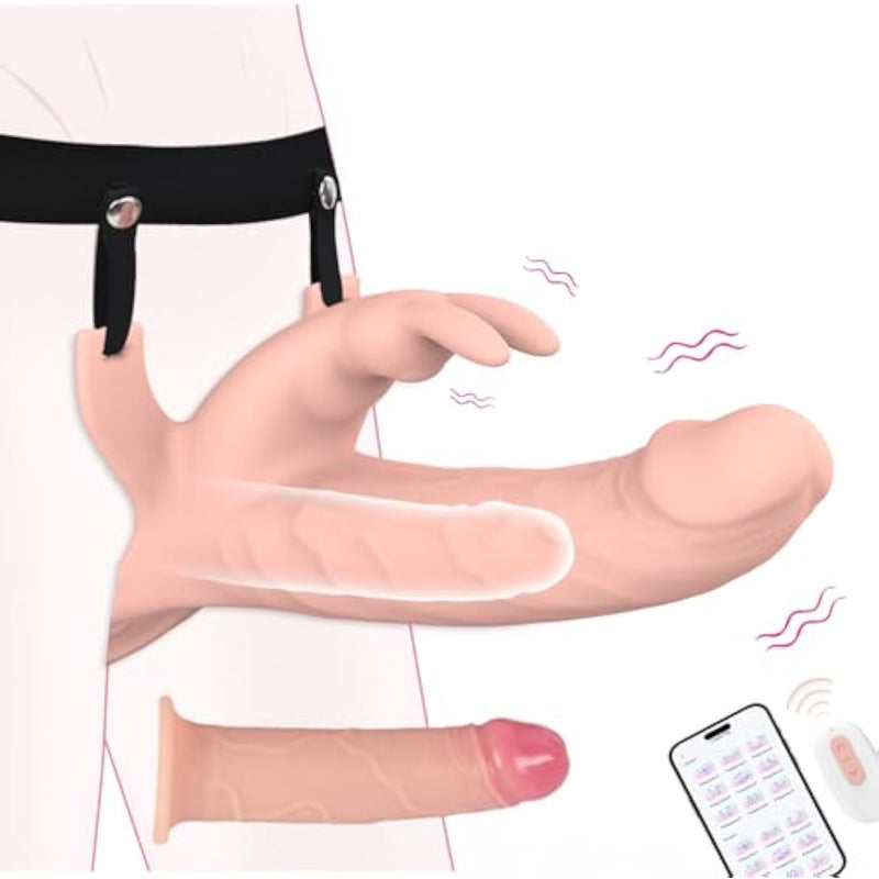 Vibrating Strap On Dildo Harness Penis Sleeve Extender Adult Toys With 10 Vibration Modes App Remote Control Lesbian Vibrator With 5.8 Inch Hollow Dildo Rabbit Vibrators Couples Sex Toys For Women